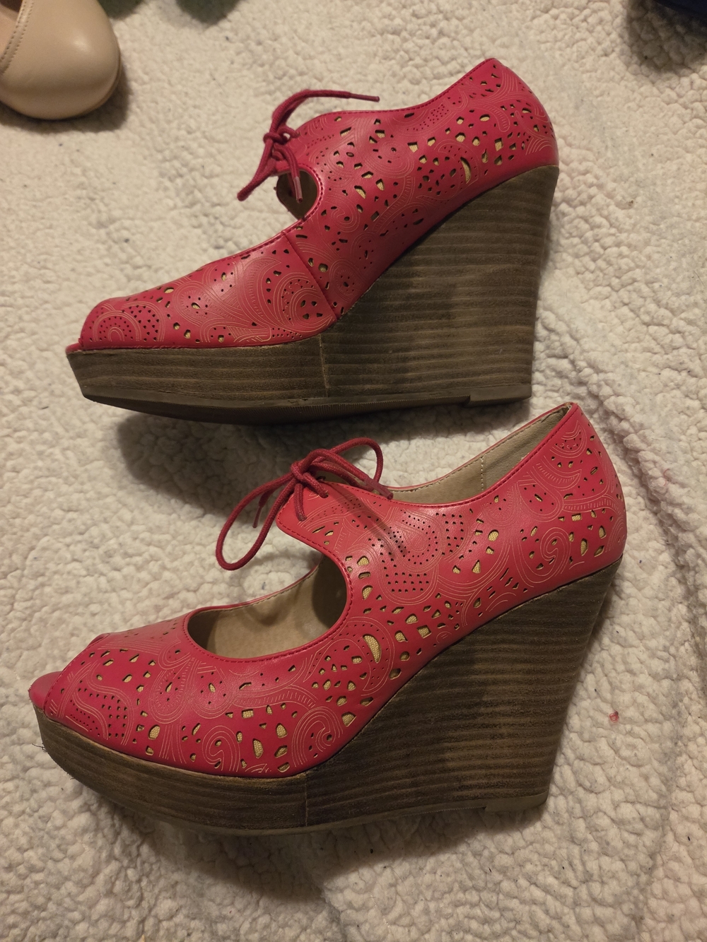 Restricted Red Lace-Up Peep Toe Wedges - Picture 2 of 5